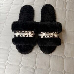 Victoria's Secret Black Furry Slide Sandals with Pink Logo